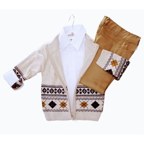 Boys Designer 3 Piece Set Shirt Jumper & Trousers - White & Brown
