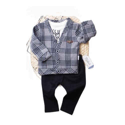 2 Piece Baby Boy Suit: Plaid Coat, T- Shirt & Trouser - Navy Blue, Cream & Black