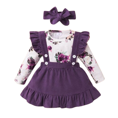 Baby Girls Autumn Winter Clothes Set Long Sleeves Floral Bodysuit + Purple Skirt