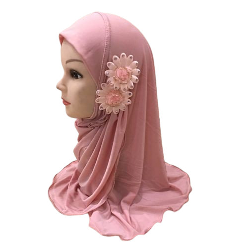 Beautiful Small Girl Hijab Scarf with Flowers Fit 2-7 Years Old Muslim Kids Pull On Islamic Scarf Shawl Headscarf Whole 50cm-pink