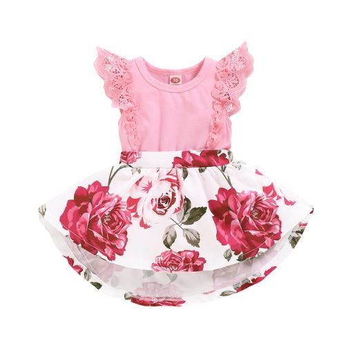 Baby Girls Sundress Rose Printing Pink Bodysuit Sleeveless Dress