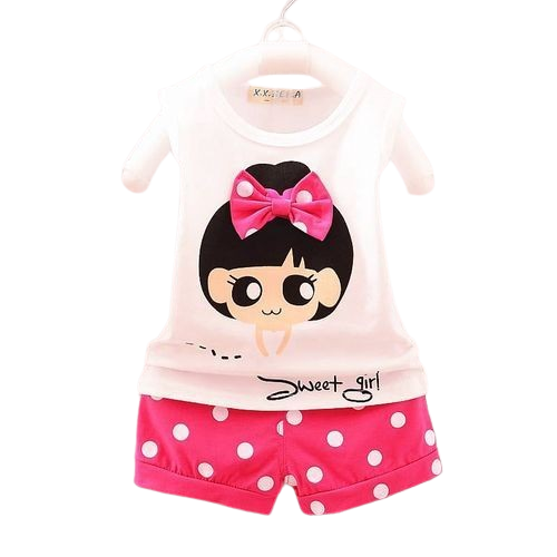 Girls Cartoon Print Vest + Polkadot Short Pant Clothing Set