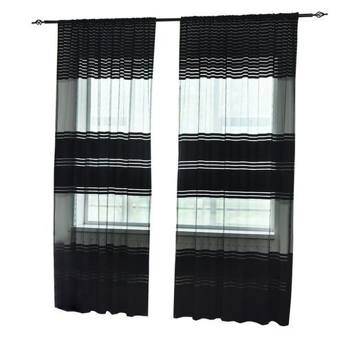 Living Room Bedroom Stripe Blackout Shade Tulle Voile-Black