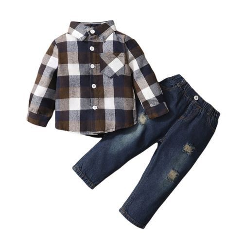 1-6Y Kid Boys Clothes Set Long Sleeves Classic Plaid Shirt Ripped Denim Pants