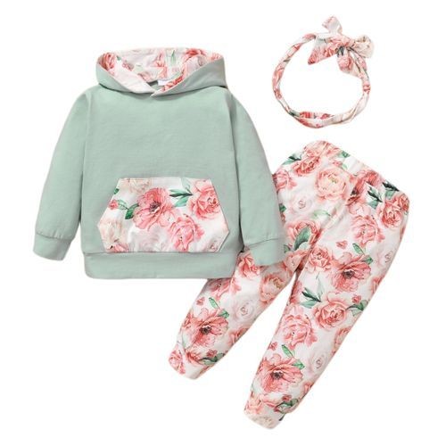Baby Girls Long Sleeves Chinese Style Floral Hoodie With Pants -Green