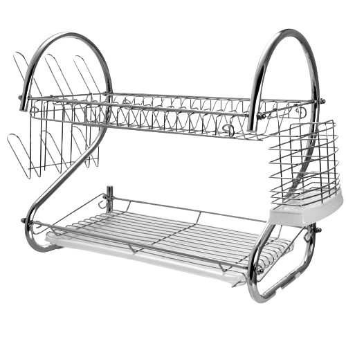2-Tier Full Sized Multi-Functional Dish Drying Rack with Utensil Holder and Cup Holder with Dish Water Drain Board Tray Rustproof Chrome Plating Storage Space Saving Kitchen Organizer