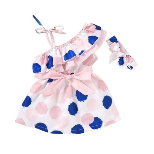 Baby Girl Pink & Blue Polkadot One Shoulder Dress + Headband