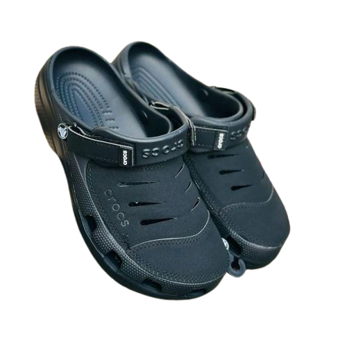 A pair of Crocs Classic Clogs in a greyish-blue color.