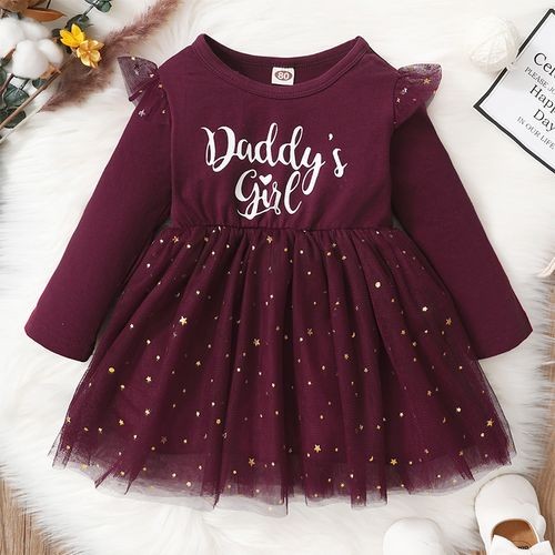 DADDY'S GIRL Baby Girls Long Sleeve Golden Star Sequins Princess Dress -Burgundy